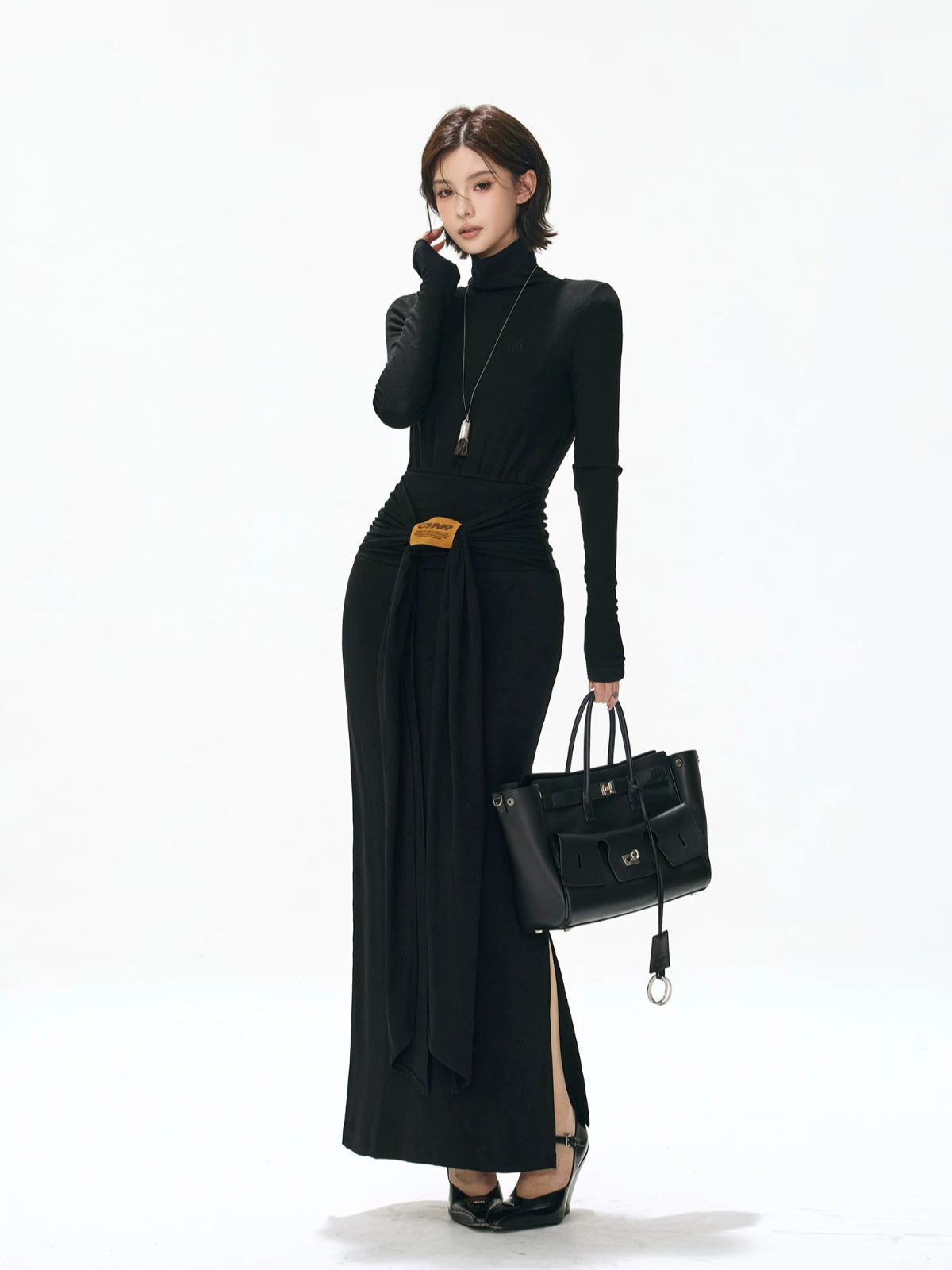 Turtleneck Tie Waist Knitted Maxi Dress
