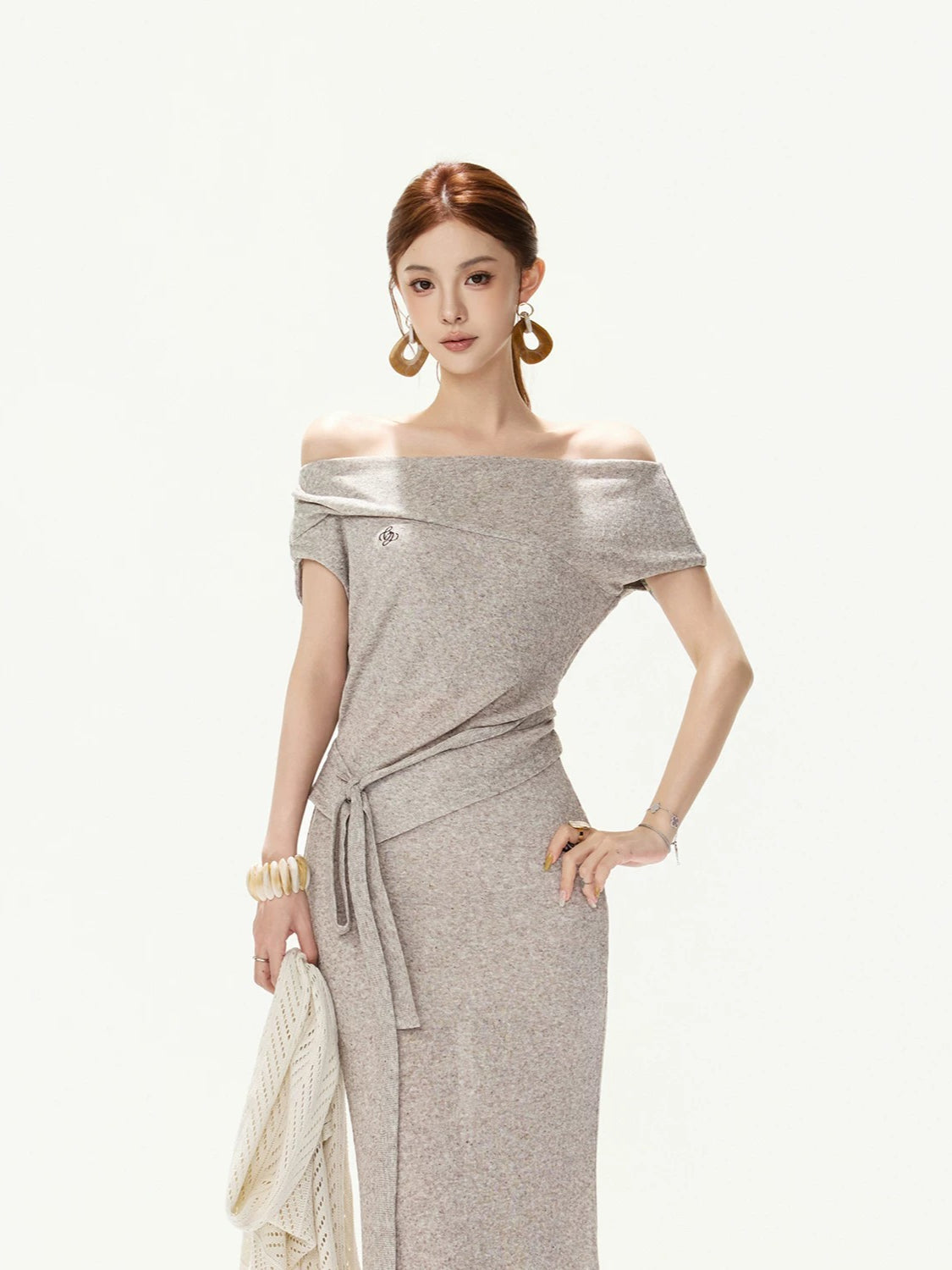 Gray Tie-Waist Knit Top &amp; Skirt Set