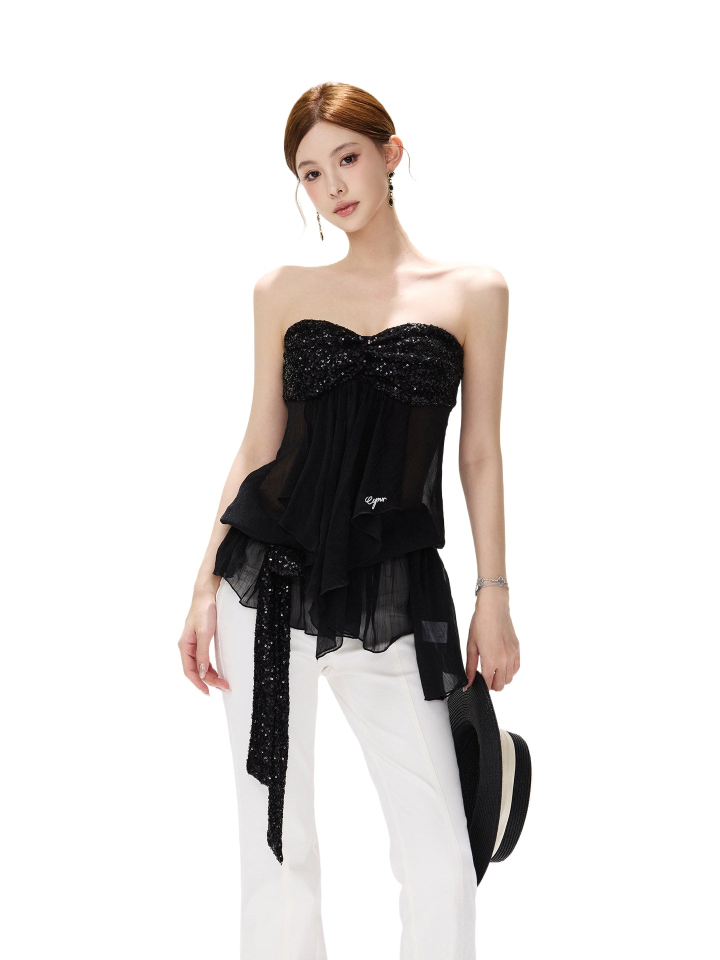 Sequin Ruched Mesh Top