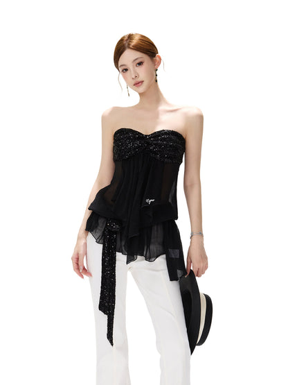 Sequin Ruched Mesh Top