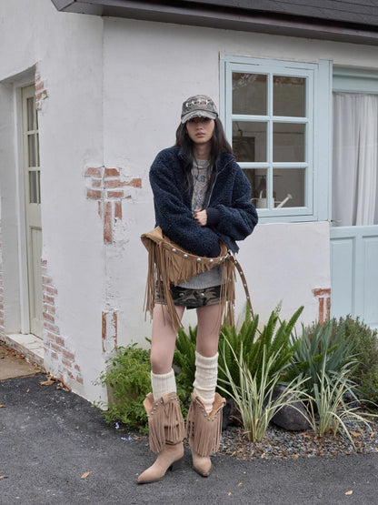 Suede Fringe Stud Tote