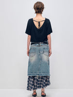 Irregular Denim Patchwork Plaid Fish Tail Skirt