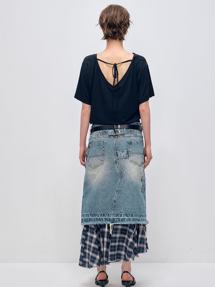 Irregular Denim Patchwork Plaid Fish Tail Skirt