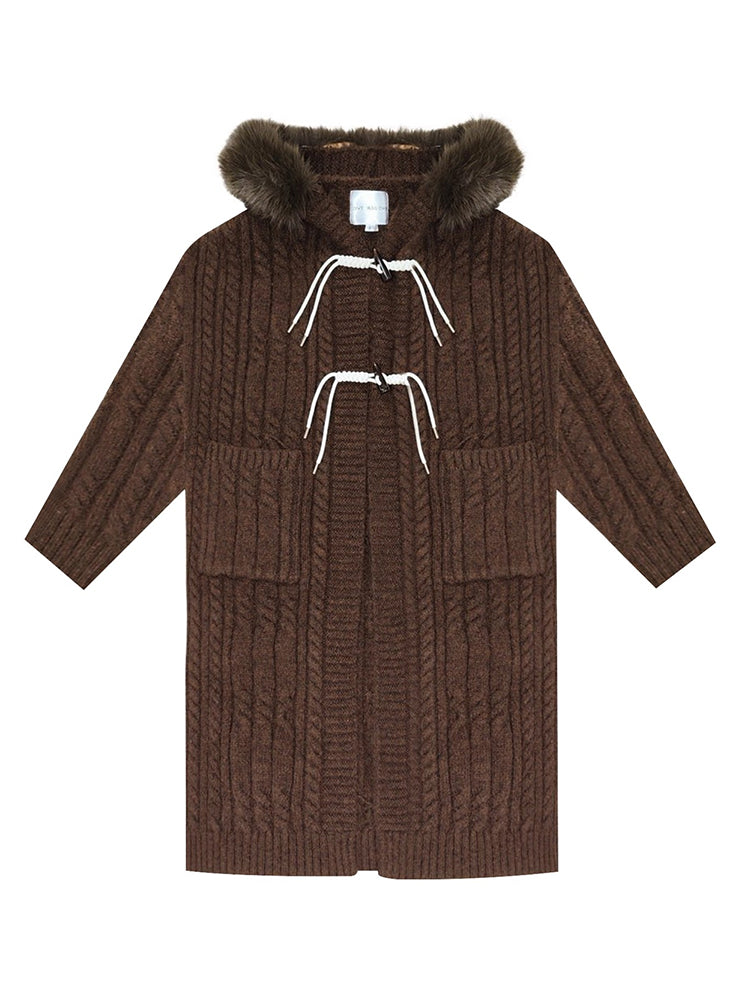 Detachable Fur Collar Cable-Knit Long Cardigan