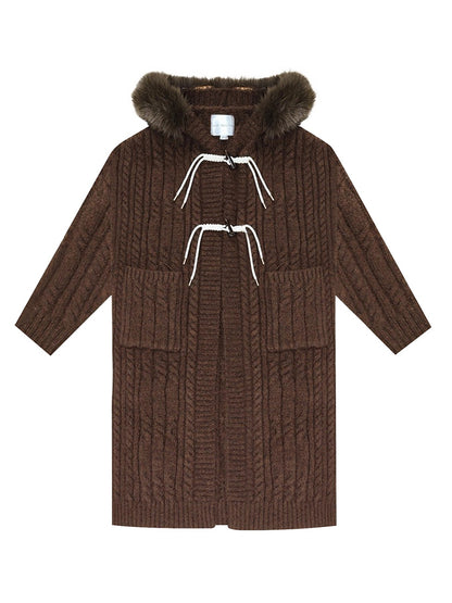 Detachable Fur Collar Cable-Knit Long Cardigan