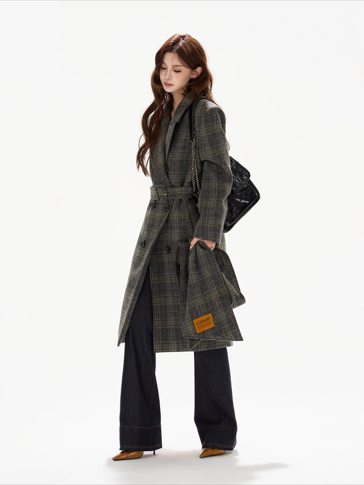 Gray Plaid Detachable Scarf Wool Coat