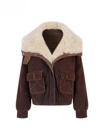 Velvet Denim Oversized Fur Collar Down Jacket