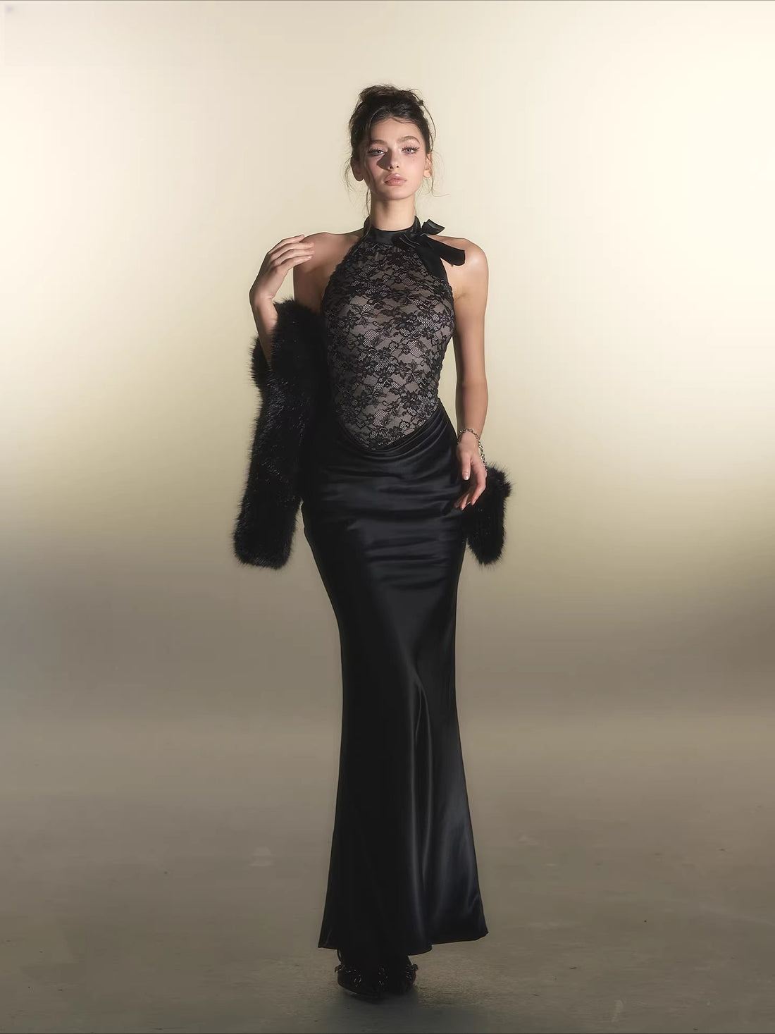 Black Lace Panel Acetate Dress