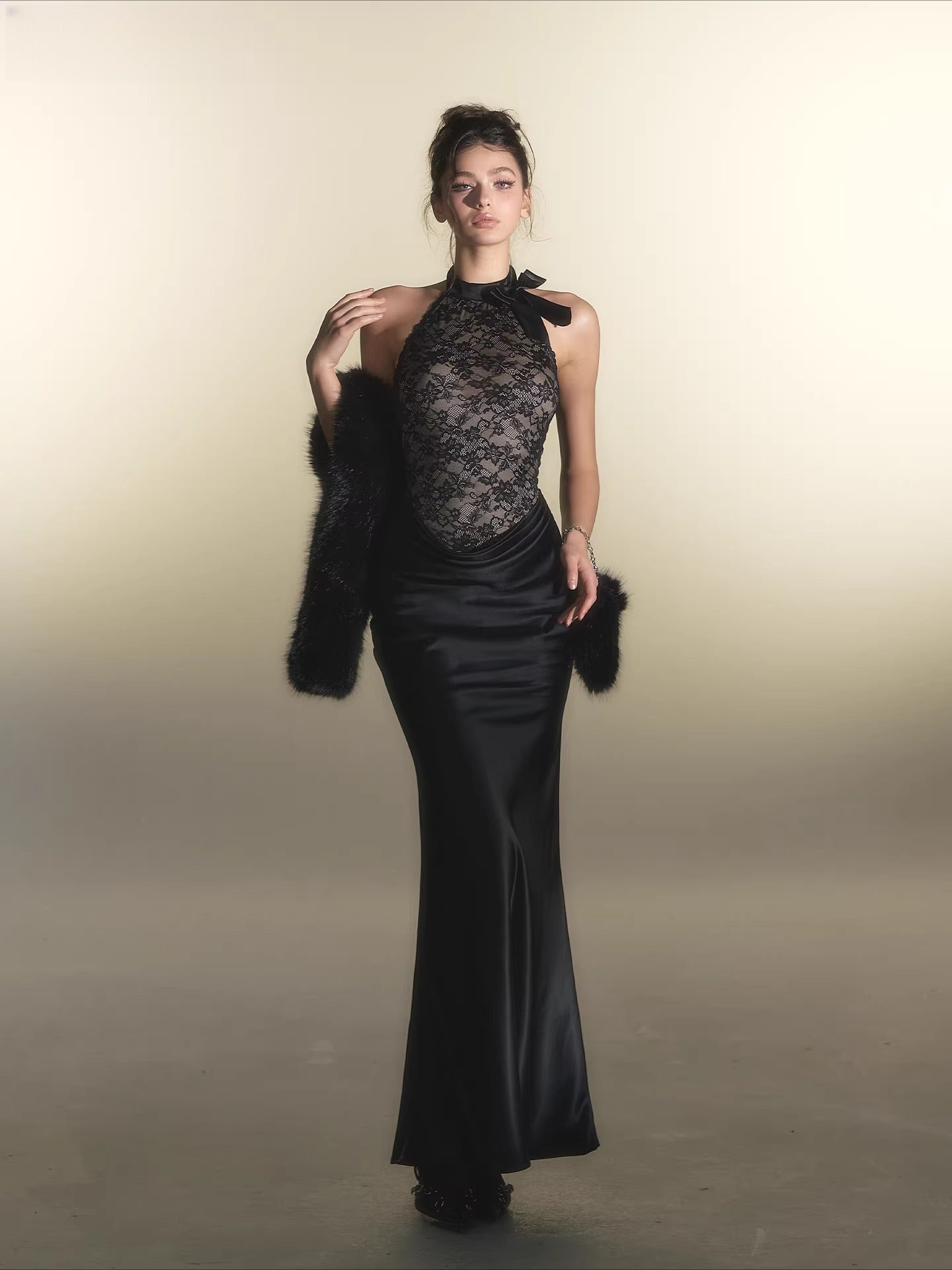 Black Lace Panel Acetate Dress