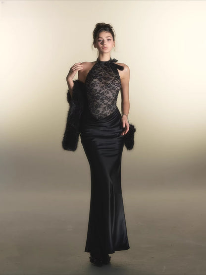 Black Lace Panel Acetate Dress