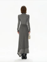 Gray Tie Detail High Neck Knit Dress