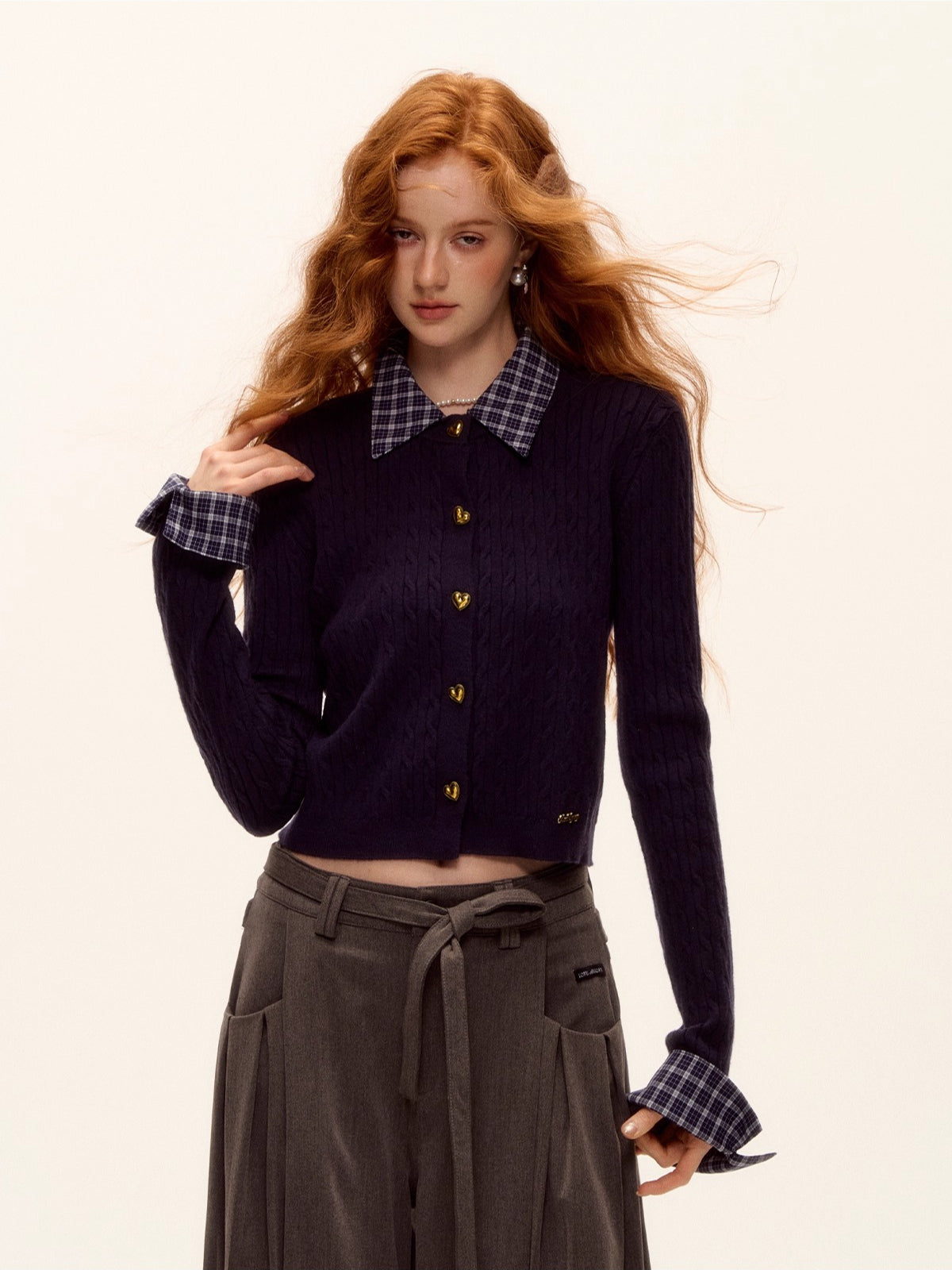 Plaid-Collar Cable Knit Top