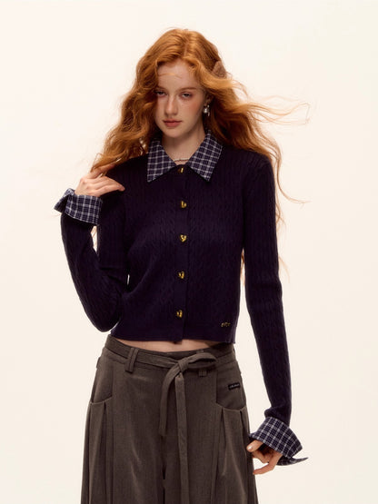 Plaid-Collar Cable Knit Top