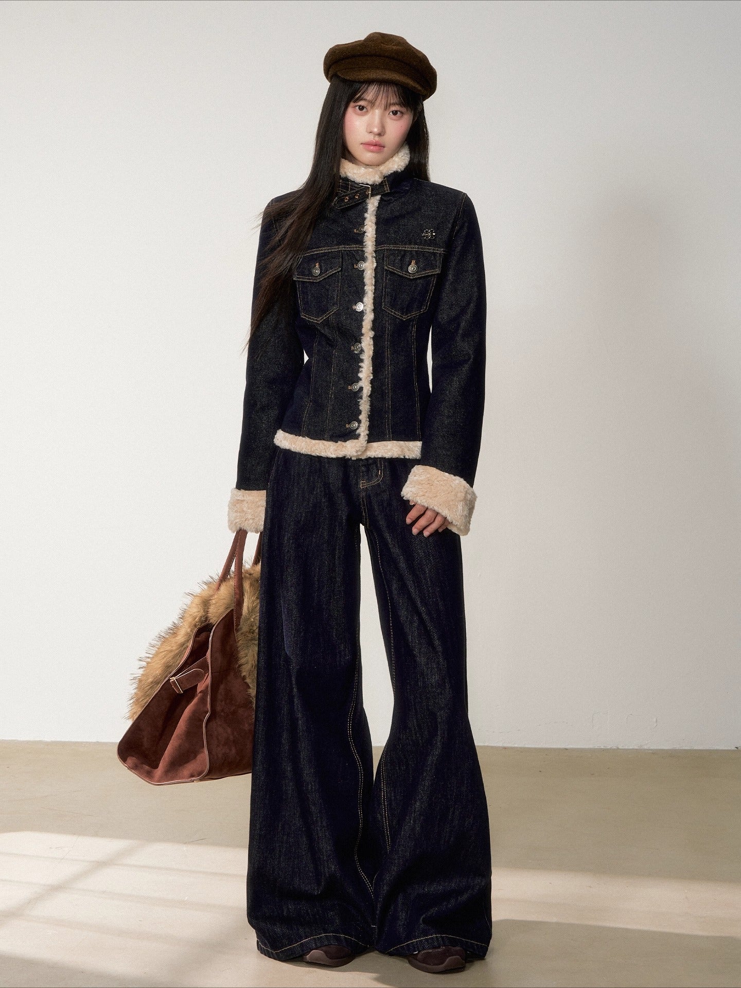 Denim Panel Fur-Trim Down Jacket