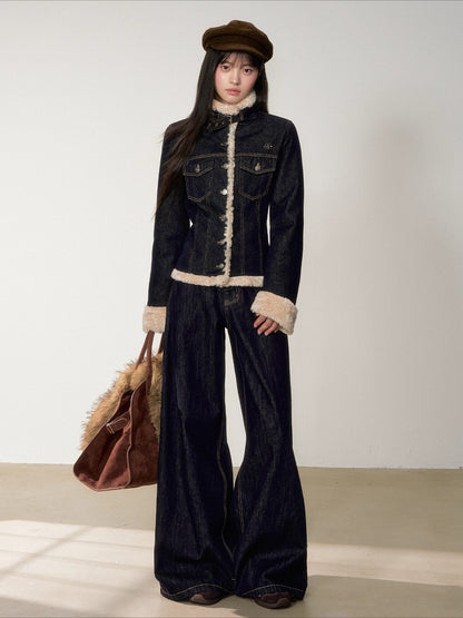 Denim Panel Fur-Trim Down Jacket