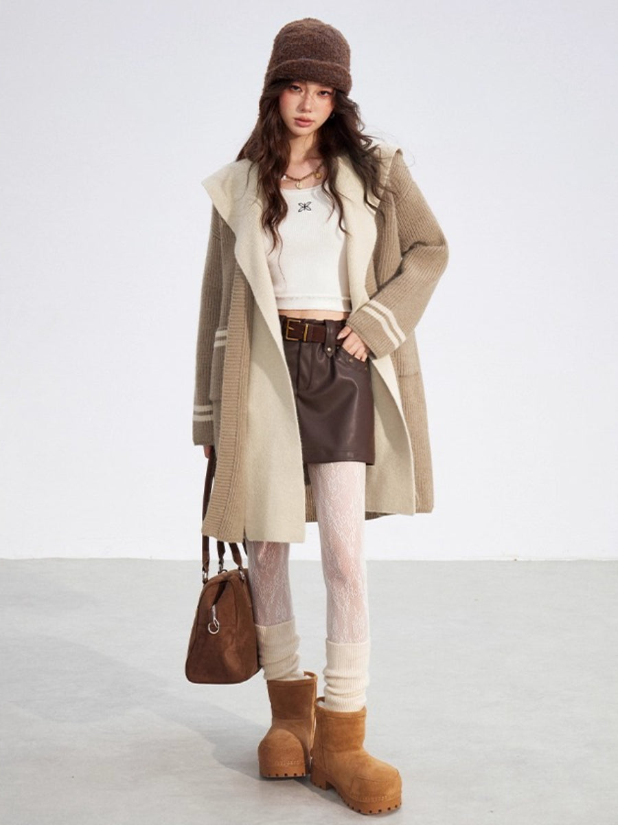 Detachable Collar Long Knit Coat