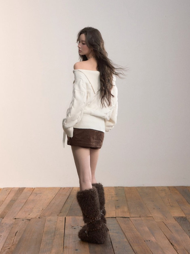 White Off-Shoulder Cross-knit Strap Sweater