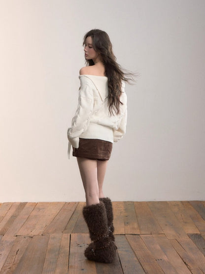 White Off-Shoulder Cross-knit Strap Sweater