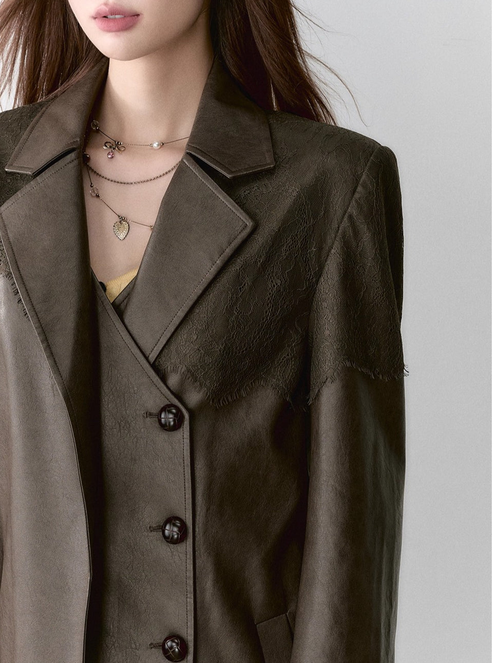 Lace Panel Oversized PU Blazer
