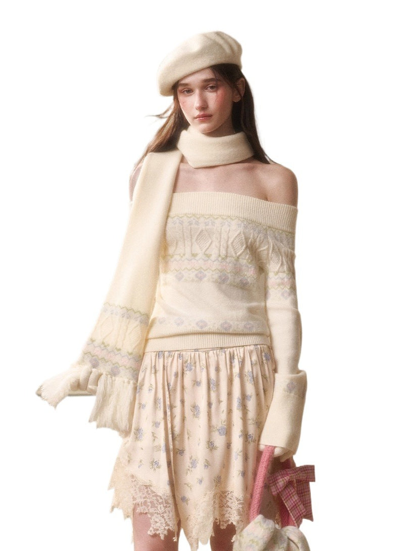Cosagach Fair Isle Knit Crewneck & Floral Skirt Set
