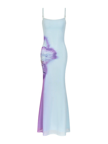 Blue 3D Gradient Floral Dress &amp; Vest Set