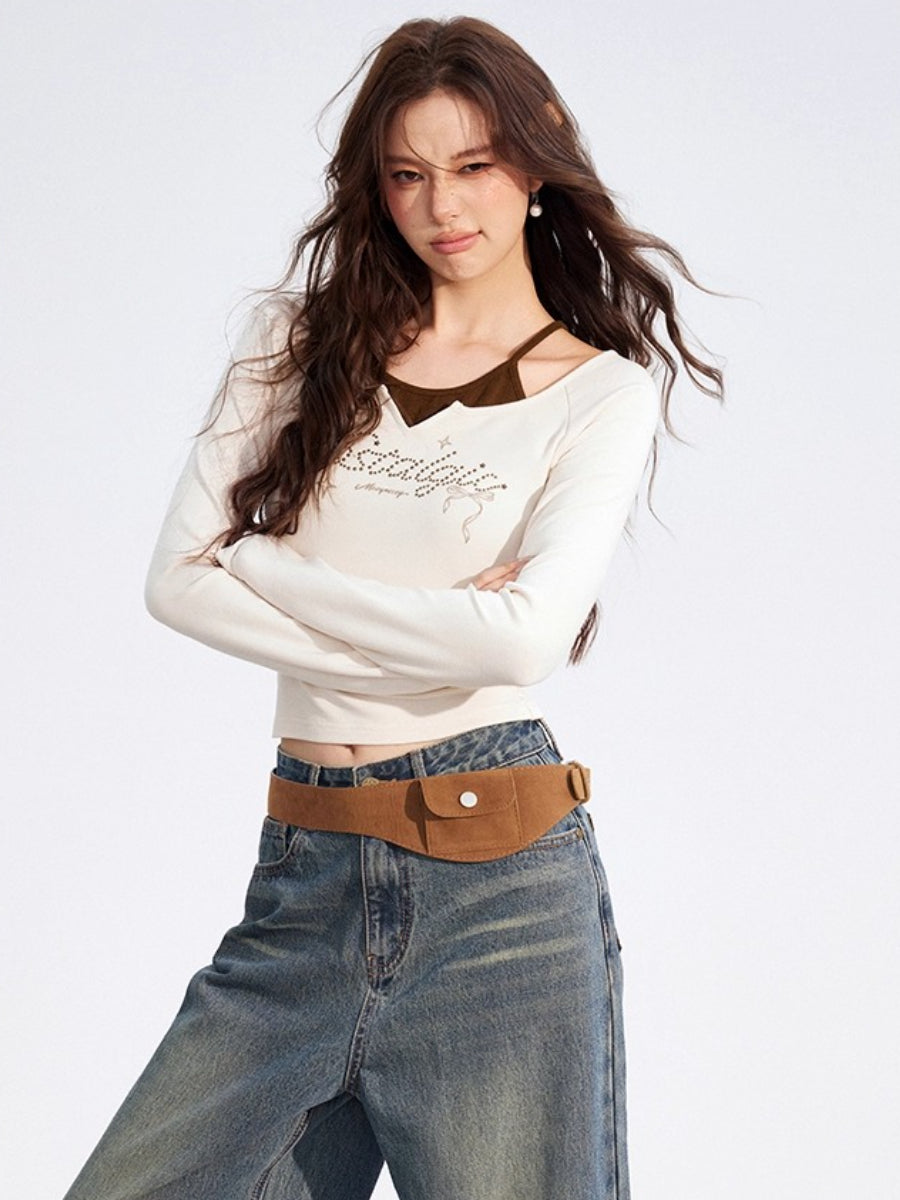Butterfly Print Layered Long-Sleeve T-Shirt