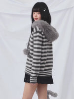 Gray Fur Hood Stripe Cardigan