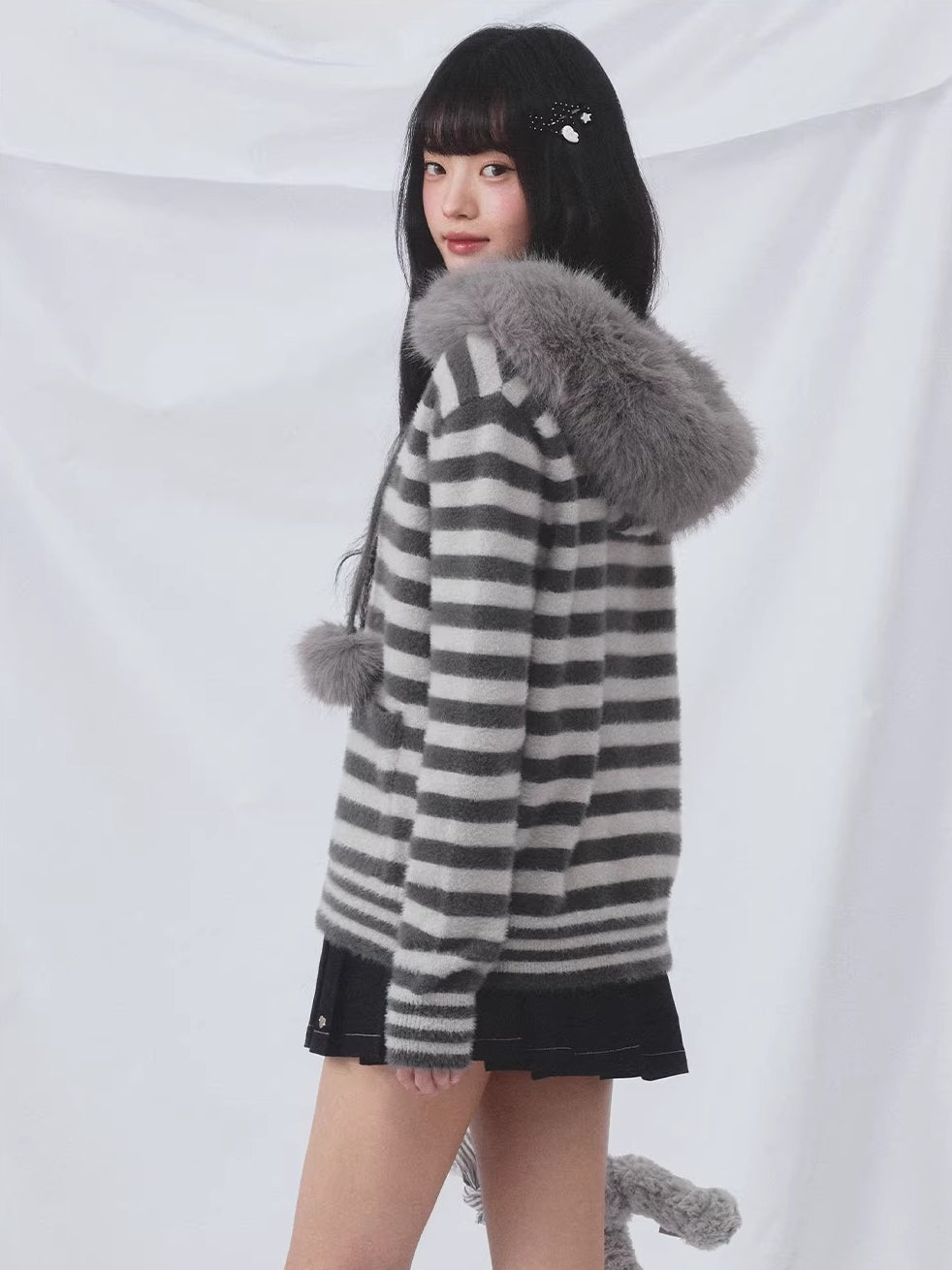 Gray Fur Hood Stripe Cardigan
