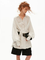 Striped Linen Tie Waist Long Shirt