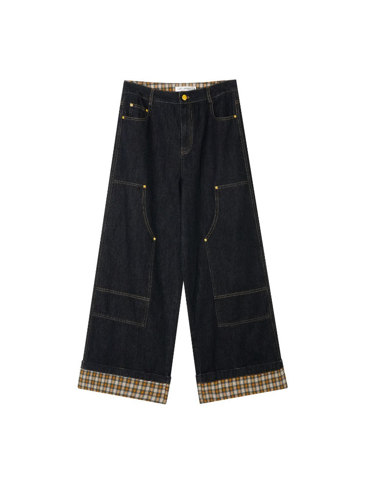 Yellow &amp; Red Plaid Hem Denim Pants