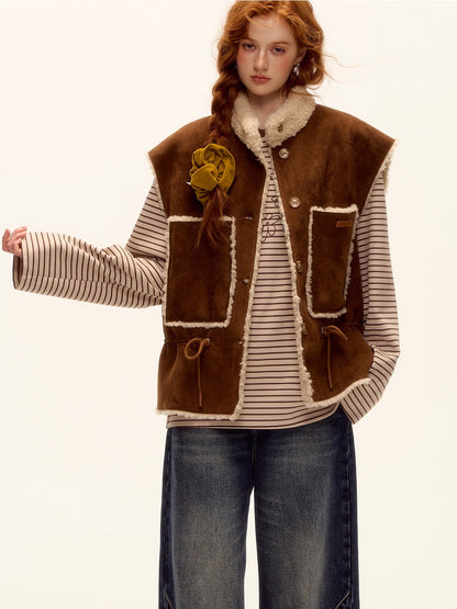 Reversible Suede Drawstring Shearling Vest