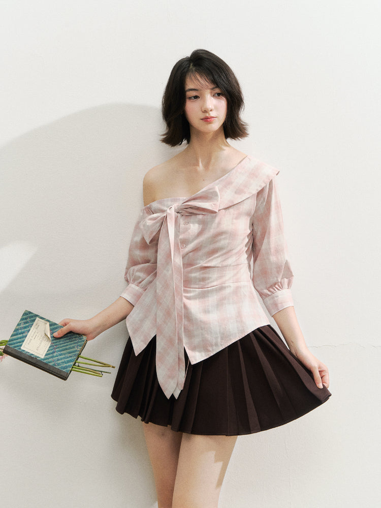 Checkered Bow One-Shoulder Asymmetric Waist-Cinching Shirt