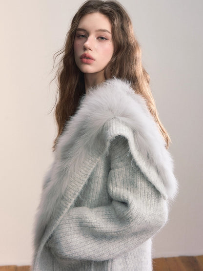 Fox Fur Large Notch Collar Cardigan