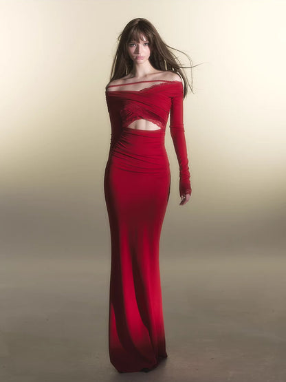 Red Off-Shoulder Long-Sleeve Bodycon Dress
