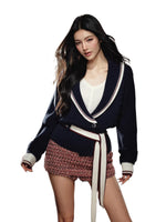 Color-Block Collared Tie-Waist Sweater