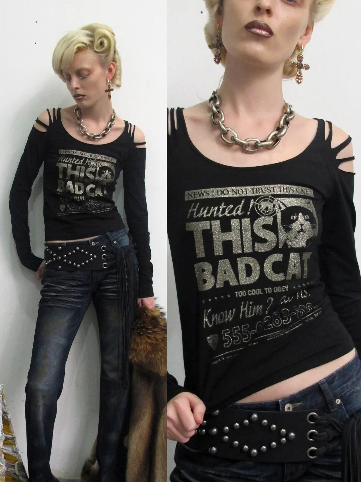 Cat Foil Print Cutout Top