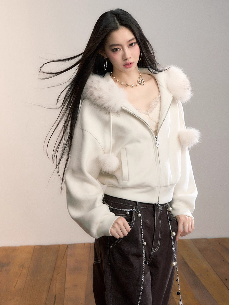 Furry Pom-Pom Hooded Sweatshirt