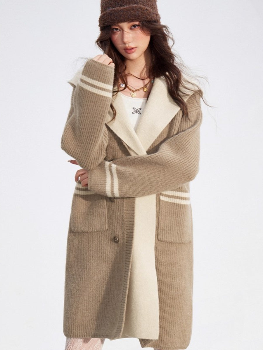 Detachable Collar Long Knit Coat