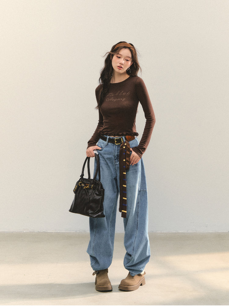 Ruffle Hem and Printed Splicing Cropped T-Shirts