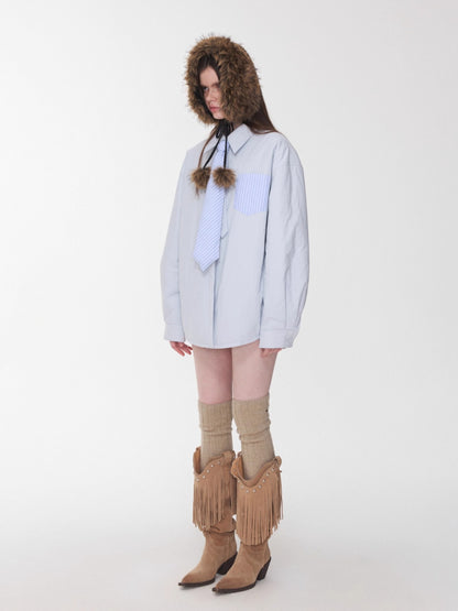 Embroidered Striped Reversible Cotton Padded Shirt &amp; Skirt Set