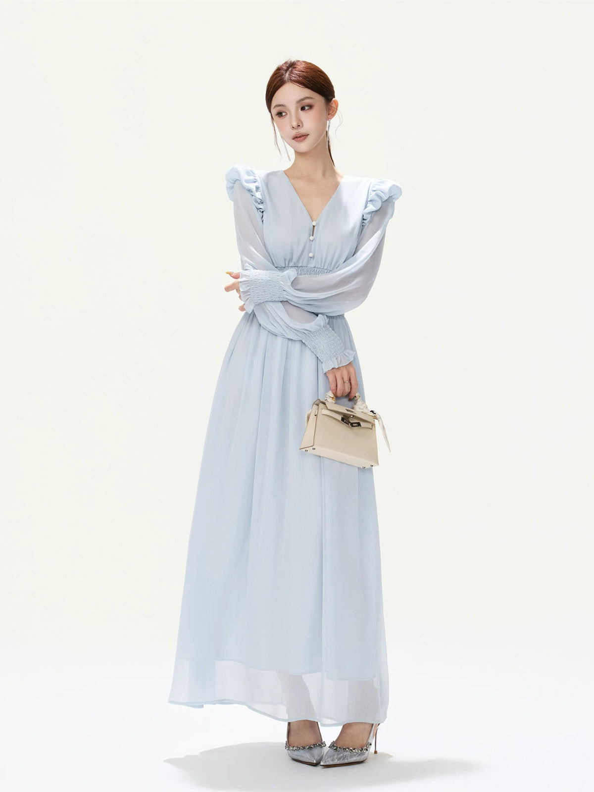 French Ruffle Chiffon Lantern Sleeve Dress