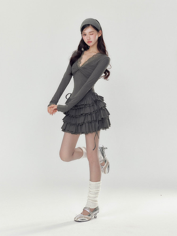 V-neck Long Sleeve Cake Dress