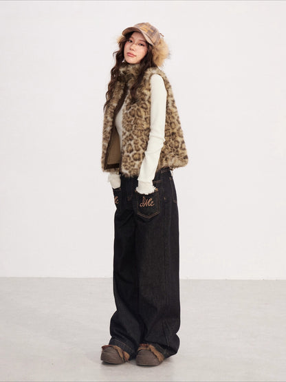 Leopard Print Spliced Faux Fur Vest