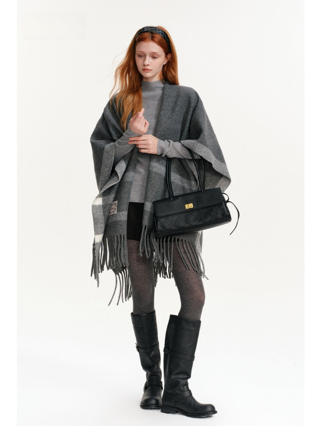 Contrast Plaid Fringed Knit Shawl
