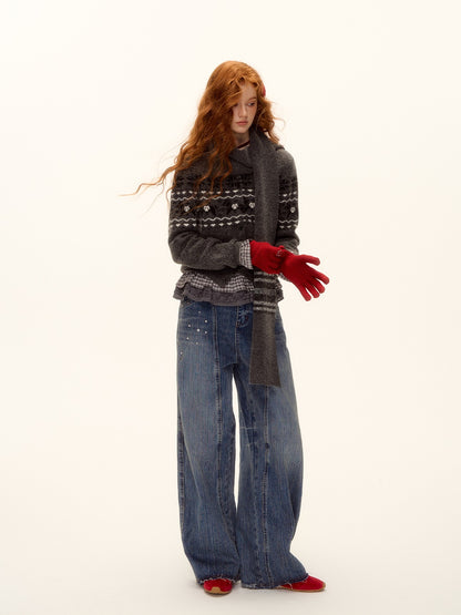 Fair Isle Knit Cardigan and Scarf Set