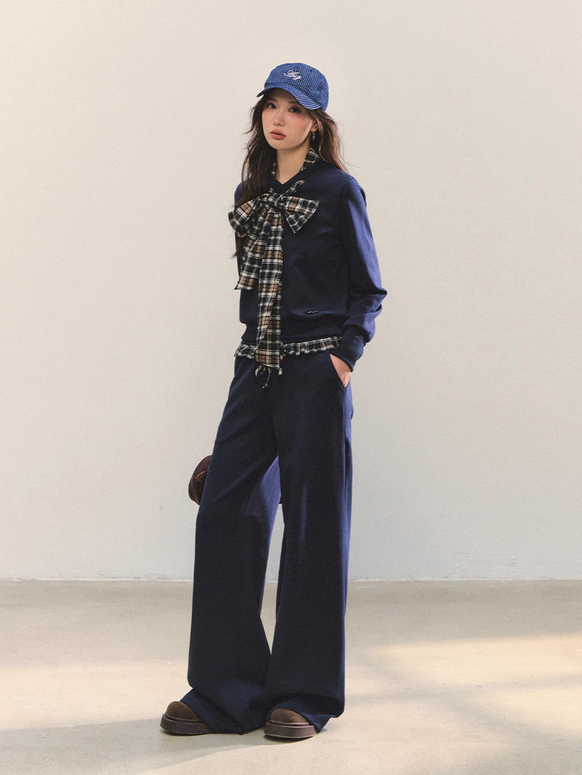Navy Blue Plaid Bow-Tie Sweatshirt &amp; Pants Set
