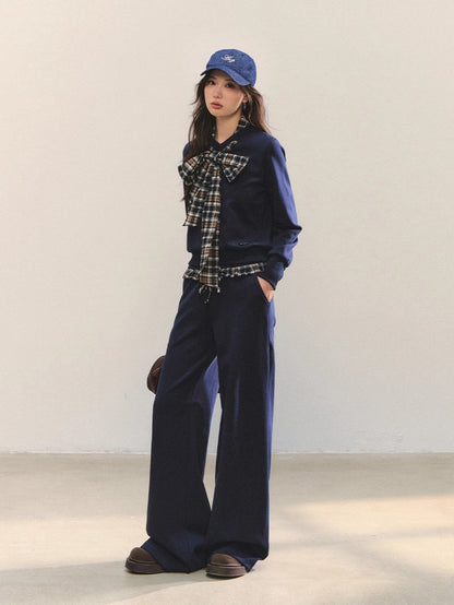 Navy Blue Plaid Bow-Tie Sweatshirt &amp; Pants Set
