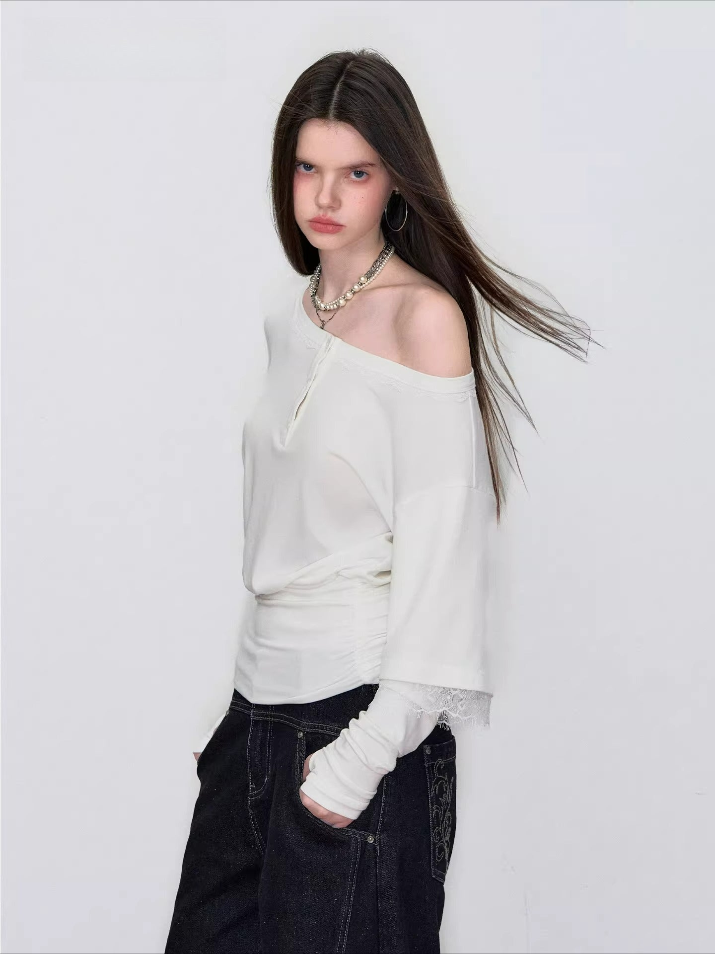 Asymmetrical Lace Panel Faux Layered Tee