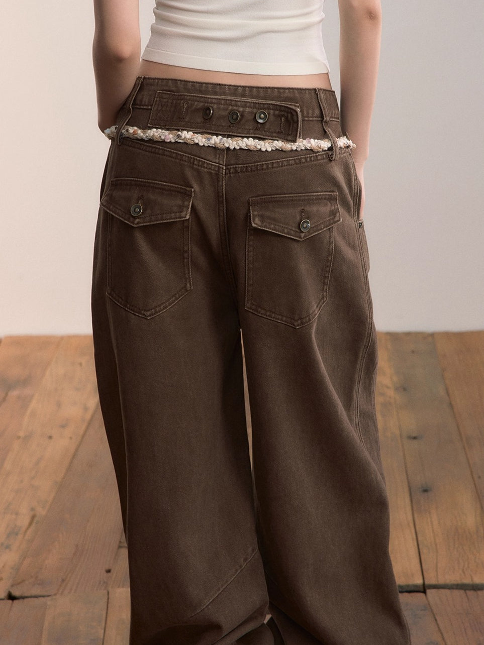 Brown Double-Waistband Straight Pants