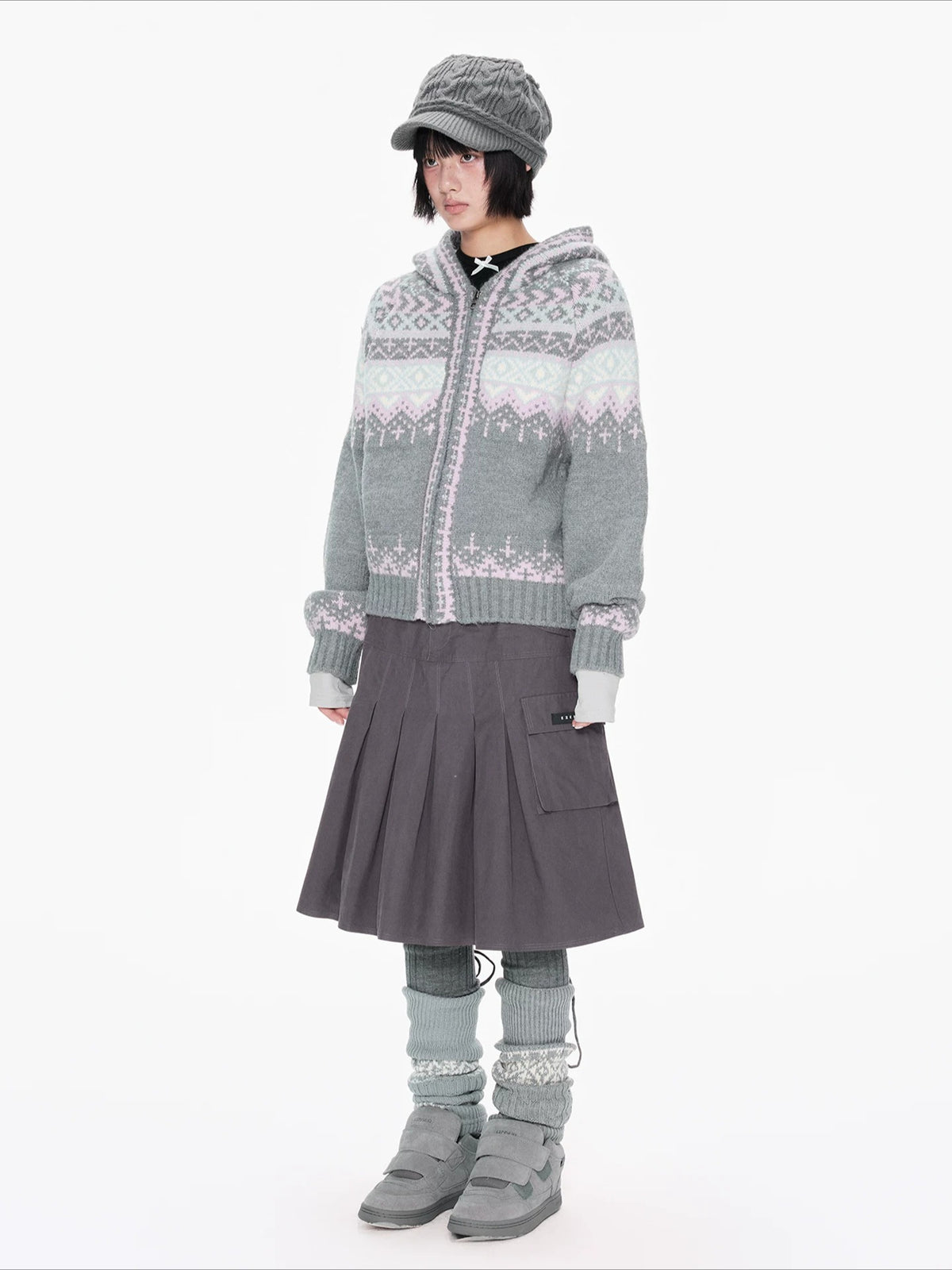 Gray Hooded Zip Knit Cardigan